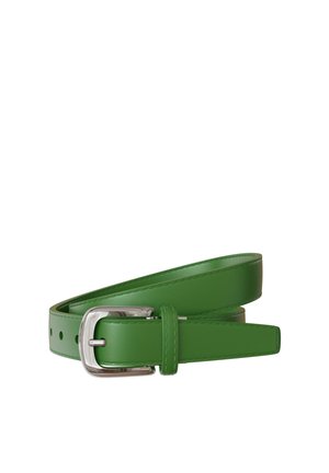 Green leather belt rolled with silver metal buckle and stitched edges, shown against a white background.