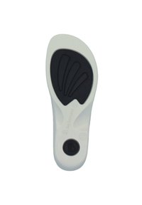 White shoe sole with black textured grip, featuring a wave pattern and embossed logo. Curved shape designed for comfort and stability.