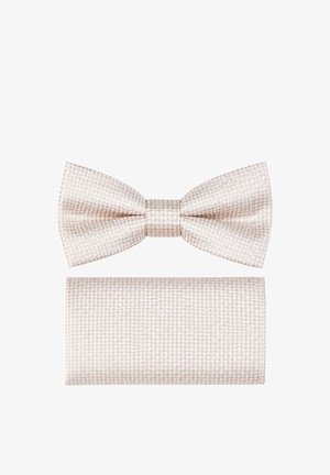 Nœud papillon beige et pochette assortie avec un motif discret pied-de-poule, présentés sur un fond blanc.