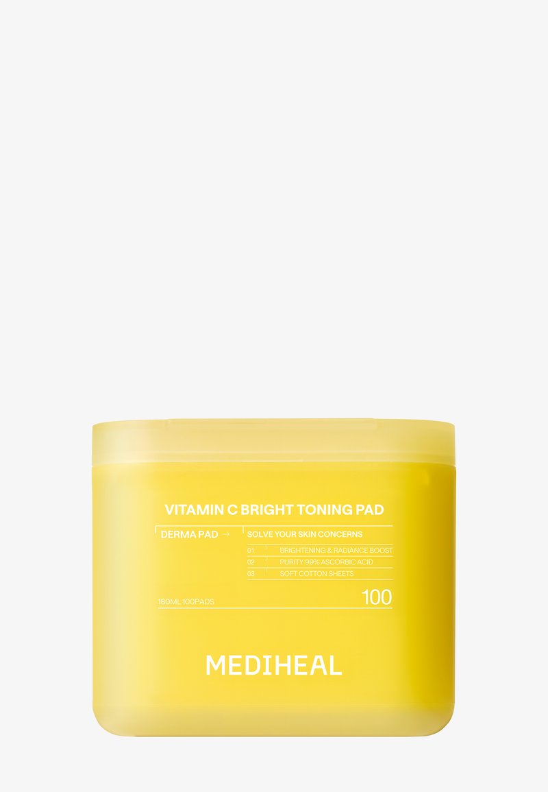 Contenant jaune des Mediheal Vitamin C Bright Toning Pads, 100 feuilles de coton pour éclaircir et augmenter l'éclat.