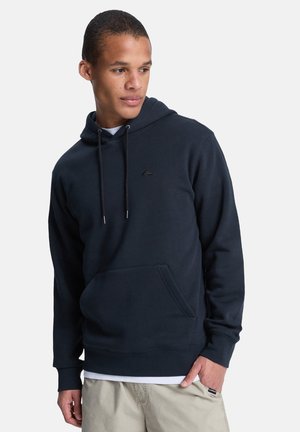 Navy blue hoodie made of cotton blend fabric; features a front kangaroo pocket, drawstrings, and a small logo on the chest.