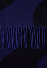 Écharpe en laine à motifs bleu foncé et noir avec de longues franges le long d'un bord, montrant un gros plan sur la texture et les détails du tissu.