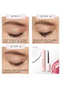 Œil fermé montrant des cils recouverts, mascara qui fond, cils nettoyés, ainsi qu'un tube rose de démaquillant mascara et une brosse avec des gels sur fond blanc.