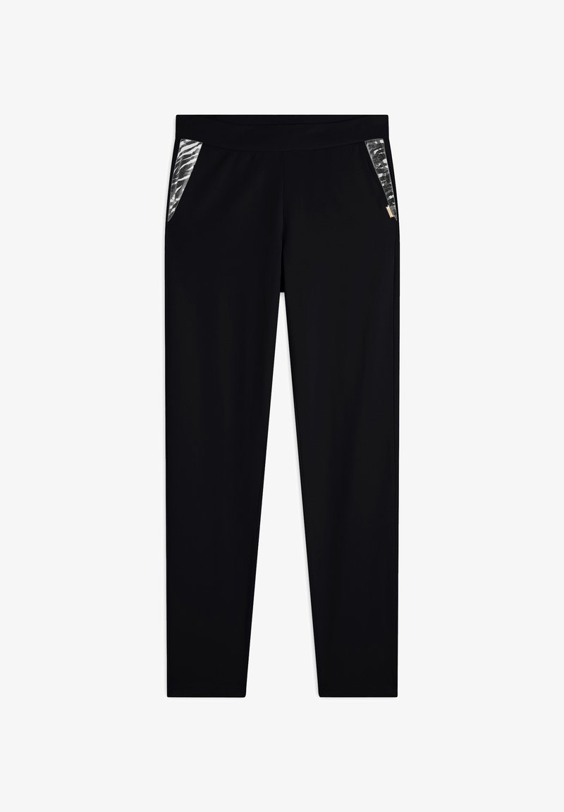 Pantalones deportivos negros con una textura suave, que cuentan con dos bolsillos laterales con un panel transparente con un diseño y una cinturilla elástica ancha.