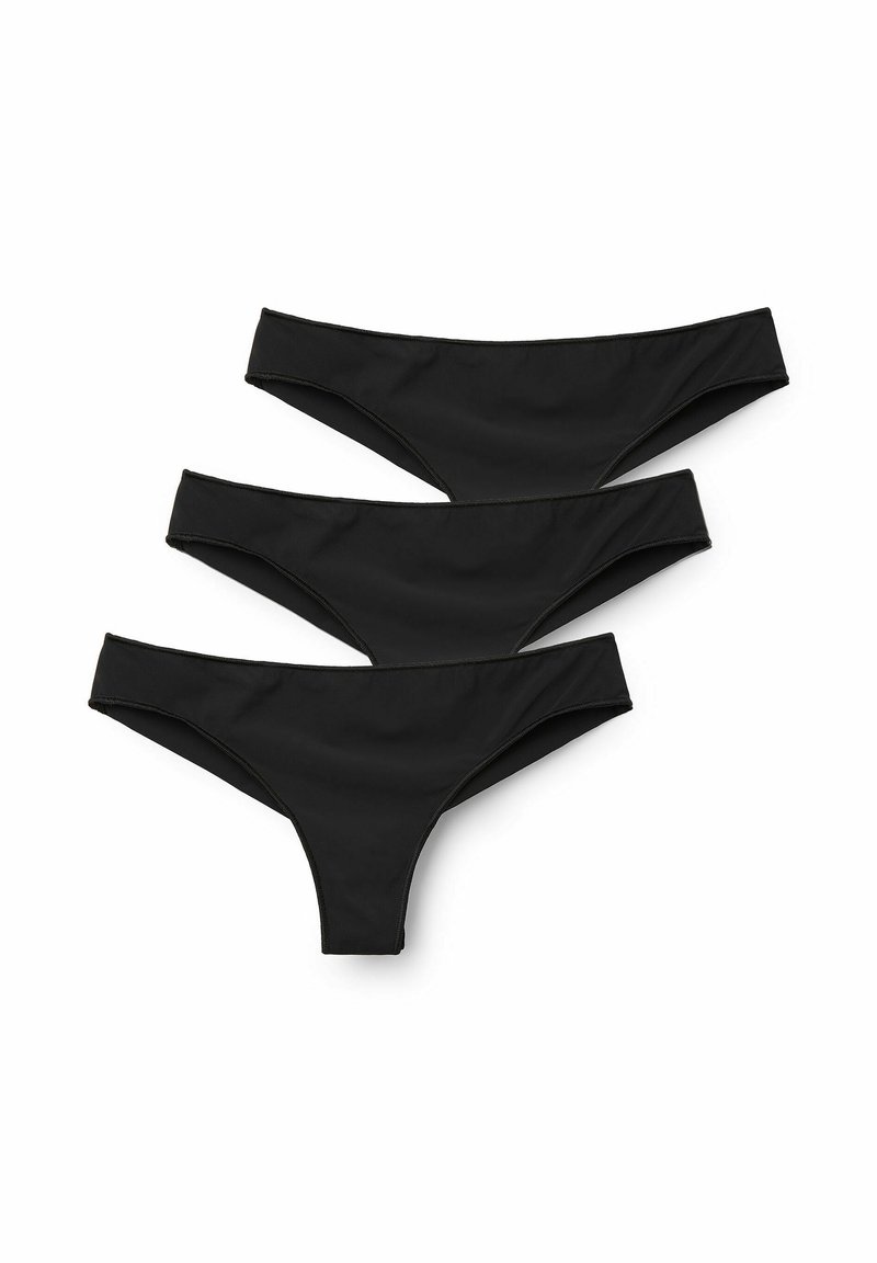 Drei Paare schwarze Bikini-Unterhosen aus glattem Stoff, mit einem schlichten Design, tief sitzendem Schnitt und ohne sichtbare Muster oder Verzierungen.