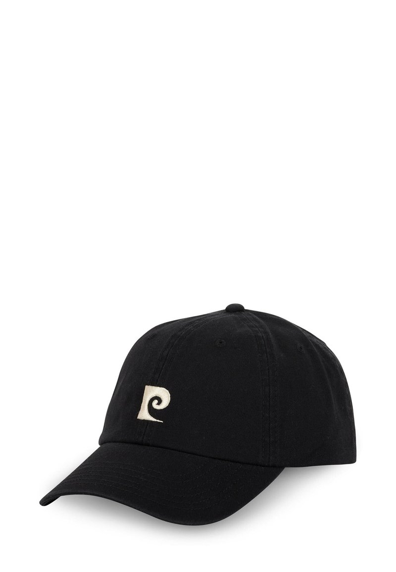 Casquette de baseball en coton noir avec un visière incurvée et un logo en spirale blanc brodé à l'avant. Dispose de six trous de ventilation.