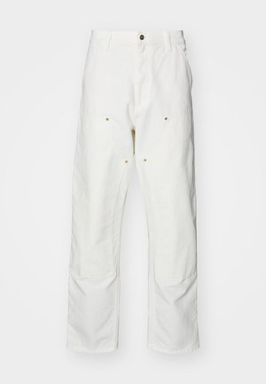 White cotton cargo pants with a relaxed fit. Features include front pockets, gold hardware accents, and reinforced knee sections.