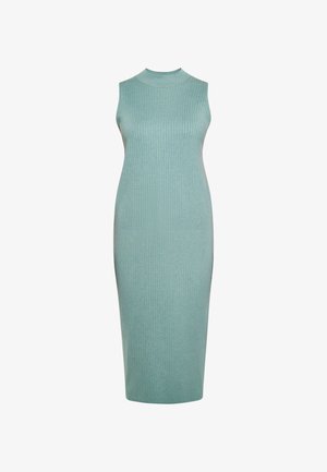 Csíkos kötésű ujjatlan ruha világos türkiz színben. Hangsúlyos szabás, magas nyakkivágás és térdig érő szegély. Sima textúra, minimális részletezés.