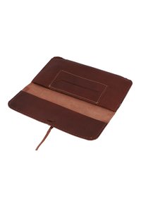 Brown leather wallet with a textured exterior, cream interior, a card slot, and stitching details. It features a tied closure.