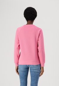 Sudadera rosa con cuello redondo, mangas raglán, puños y dobladillo acanalados. Textura de tela suave, sin patrones visibles ni herrajes.