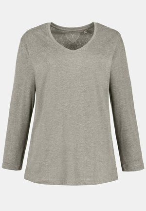 Langärmliges V-Neck T-Shirt in meliertem Grau, aus weichem, leichtem Material mit glatter Textur und lässiger Passform.