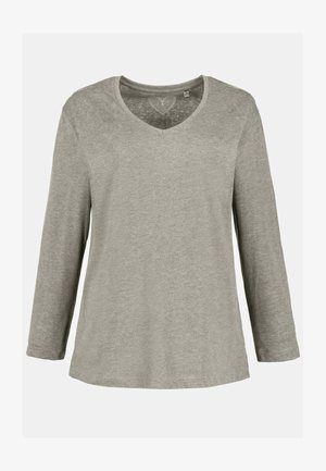 Langärmliges V-Neck T-Shirt in meliertem Grau, aus weichem, leichtem Material mit glatter Textur und lässiger Passform.