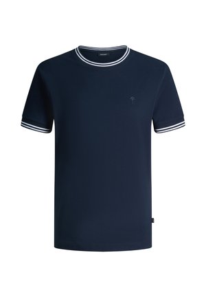 T-shirt blu navy a maniche corte con doppie strisce bianche su colletto e polsini, piccolo logo ricamato sul petto a sinistra.