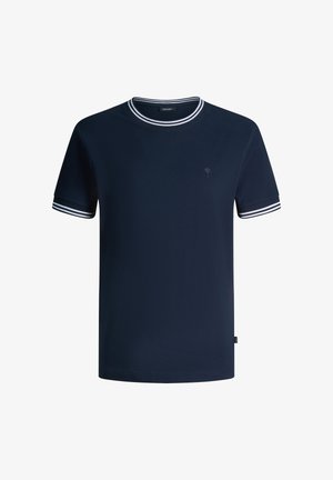 T-shirt blu navy a maniche corte con doppie strisce bianche su colletto e polsini, piccolo logo ricamato sul petto a sinistra.
