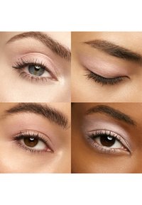 Four close-up images of eyes: varied colors (blue, brown, dark) with soft pink eyeshadow, defined lashes, and well-groomed brows.