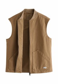 Chaleco marrón sin mangas hecho de tela resistente, con cremallera frontal y dos grandes bolsillos delanteros con aberturas anguladas.