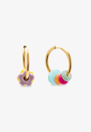 Gold hoop earrings featuring a flower charm in purple and yellow, and colorful round beads in shades of blue, green, orange, and pink.
