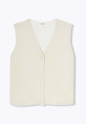 Gilet en tricot beige clair avec un col en V, des manches courtes et cinq boutons sur le devant. Doté d'un ourlet et d'emmanchures côtelés.