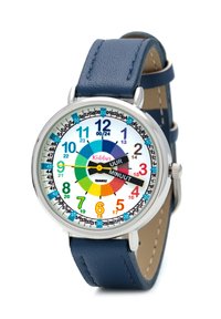 Montre en quartz colorée pour enfants avec un cadran circulaire blanc, des repères horaires multicolores, un bracelet en cuir bleu et des aiguilles noires.