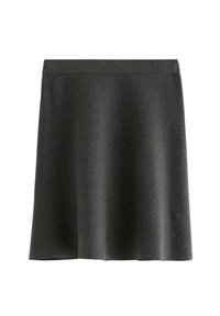 Grå utställd kjol i texturerat tyg, med en bred midjeband och en medellång längd, som ger en A-linjeform.