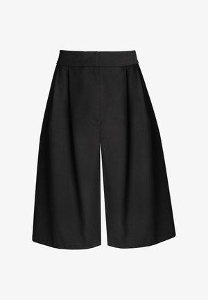 Czarne szerokie spodnie o kroju do połowy łydki z wysokim stanem i prostym przodem, wykonane z gładkiej tkaniny.