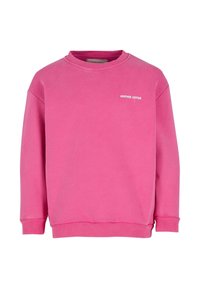 Różowa bluza o okrągłym dekolcie, wykonana z bawełny, z prążkowanymi mankietami i dolnym wykończeniem. Z przodu logo z napisem: "ANOTHER COTTON." Gładka tekstura.