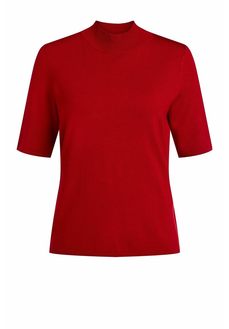 Rød kortærmet sweater med ribbet rullekrave og lige kant på hvid baggrund.