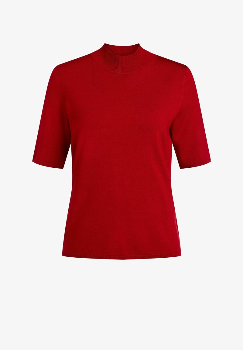 Rød kortærmet sweater med ribbet rullekrave og lige kant på hvid baggrund.