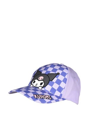 Baseball cap with blue and white checkered pattern, cartoon character with black ears and pink skull, and the word Kuromi on the brim.