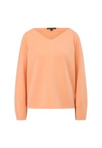 Perzik kleurige longsleeve top met een V-hals, gemaakt van zachte stof, met een relaxed fit en subtiele stiksels in het midden.