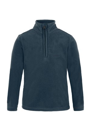 Pullover en polaire bleu marine avec des manches longues, un col montant et une fermeture zip sur le devant à quart.