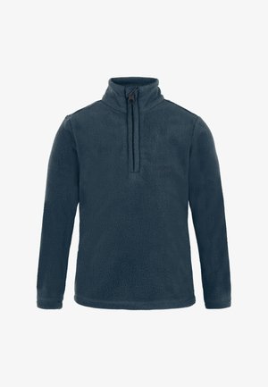 Sudadera de forro polar azul oscuro con mangas largas, un cuello alto y cierre de cremallera de un cuarto en la parte delantera.