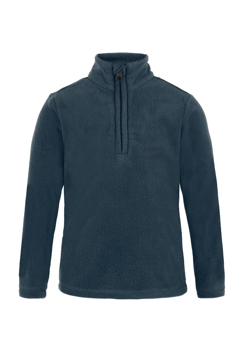 Pullover in pile blu scuro con maniche lunghe, colletto alto e chiusura con zip a un quarto davanti.