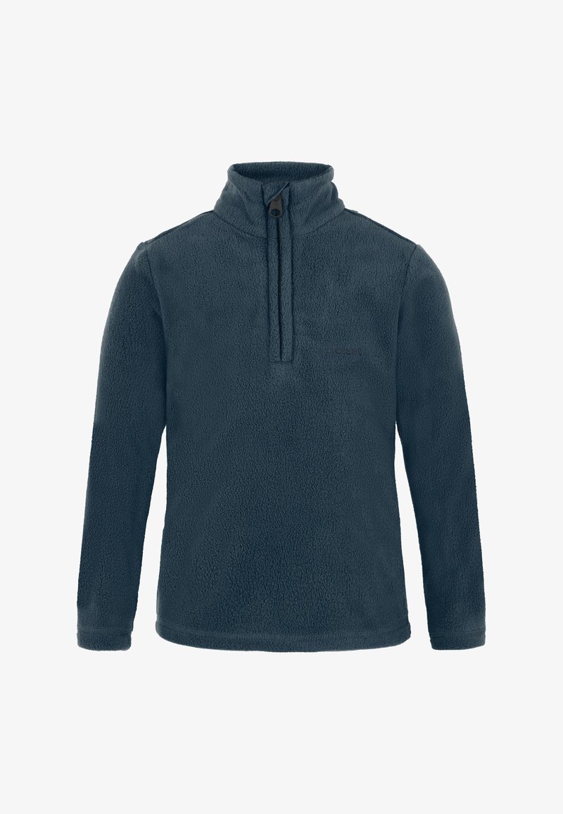 Pullover in pile blu scuro con maniche lunghe, colletto alto e chiusura con zip a un quarto davanti.