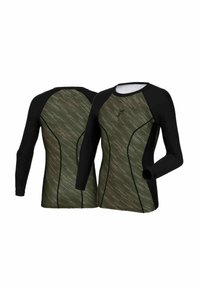 Langärmliges Sportshirt mit einer olivgrünen gemusterten Vorderseite und schwarzen Ärmeln. Verfügt über kontrastierende Nähte und Raglanärmel für optimale Beweglichkeit.