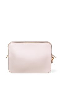 Pochette cosmetica rettangolare rosa chiaro con superficie testurizzata e zip dorata, dotata di un piccolo anello per essere attaccata a borse.