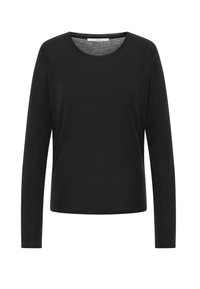 Schwarze Langarmbluse für Frauen mit rundem Ausschnitt, schlichtem Design und geradem Saum, auf einem weißen Hintergrund präsentiert.