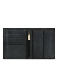 Portafoglio in pelle nera con finitura testurizzata, sei scomparti per carte, un comparto con zip e due tasche aggiuntive. Design compatto e rettangolare.