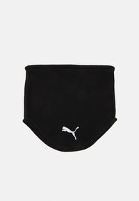 Sort fleece halsgaiter med en unik form og en rundet bunnkant, samt en hvit Puma-logo nederst til høyre.