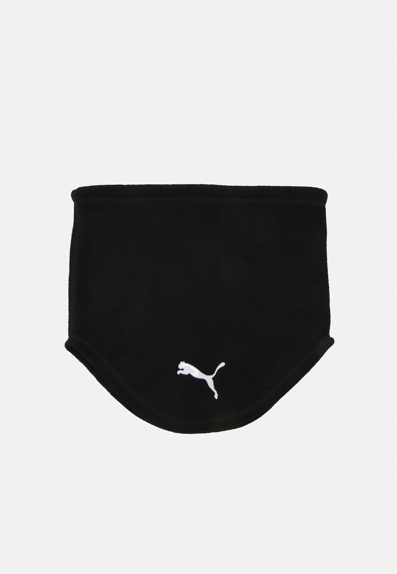 Sort fleece halsgaiter med en unik form og en rundet bunnkant, samt en hvit Puma-logo nederst til høyre.
