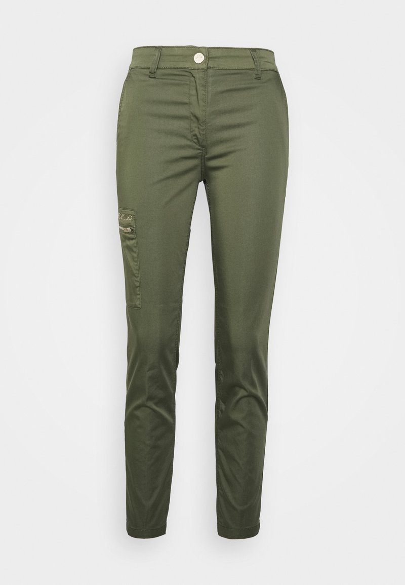 Olivově zelené slim-fit kalhoty s knoflíkovým zapínáním, poutky na opasek, předními kapsami a kapsou na zip na pravém stehně.