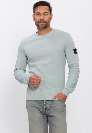 Man met kort donker haar en baard, gekleed in een lichtblauwe trui met lange mouwen en een logo op de mouw, en vervaagde blauwe spijkerbroek, poserend tegen een witte achtergrond.