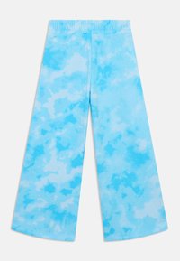 Light blue wide-leg pants made of soft fabric with a cloud-like tie-dye pattern, featuring an elastic waistband for comfort.