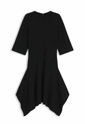 Black knee-length dress with three-quarter sleeves and asymmetric handkerchief hem, back zipper closure.