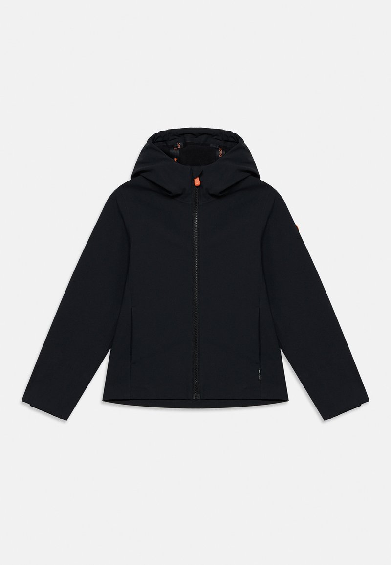 Veste noire à capuche avec fermeture éclair à l'avant, manches longues et tirette orange, posée à plat sur un fond clair.