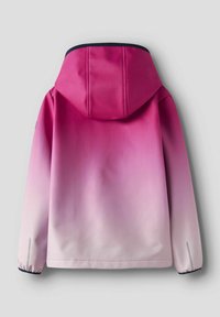 Rosa Kapuzenjacke mit einem Ombre-Effekt, der von Dunkelrosa oben zu Hellrosa unten übergeht. Sie verfügt über elastische Bündchen.