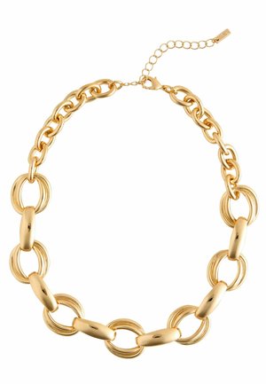 Zlatý náhrdelník s veľkými prepojenými článkami. Hladký, lesklý povrch s karabínou a nastaviteľným reťazcom.