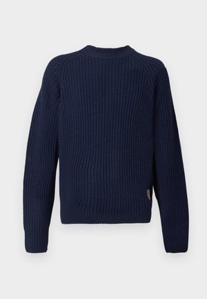Navy knit sweater with ribbed texture, round neck, and long sleeves. Features a small brand tag on the lower side. Casual and fitted design.