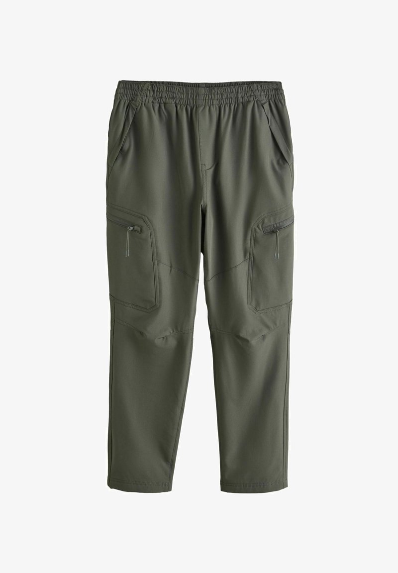 Zaļas aktīvās bikses no elastīgas auduma. Aprīkotas ar elastīgu jostasvietu, sānu kabatām un rāvējslēdzēja kravas kabatām uzglabāšanai.