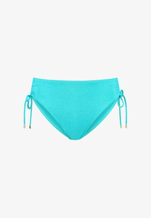Parte inferiore di bikini turchese con lacci laterali regolabili, realizzata in tessuto testurizzato. Presenta dettagli in hardware color oro per un tocco in più.